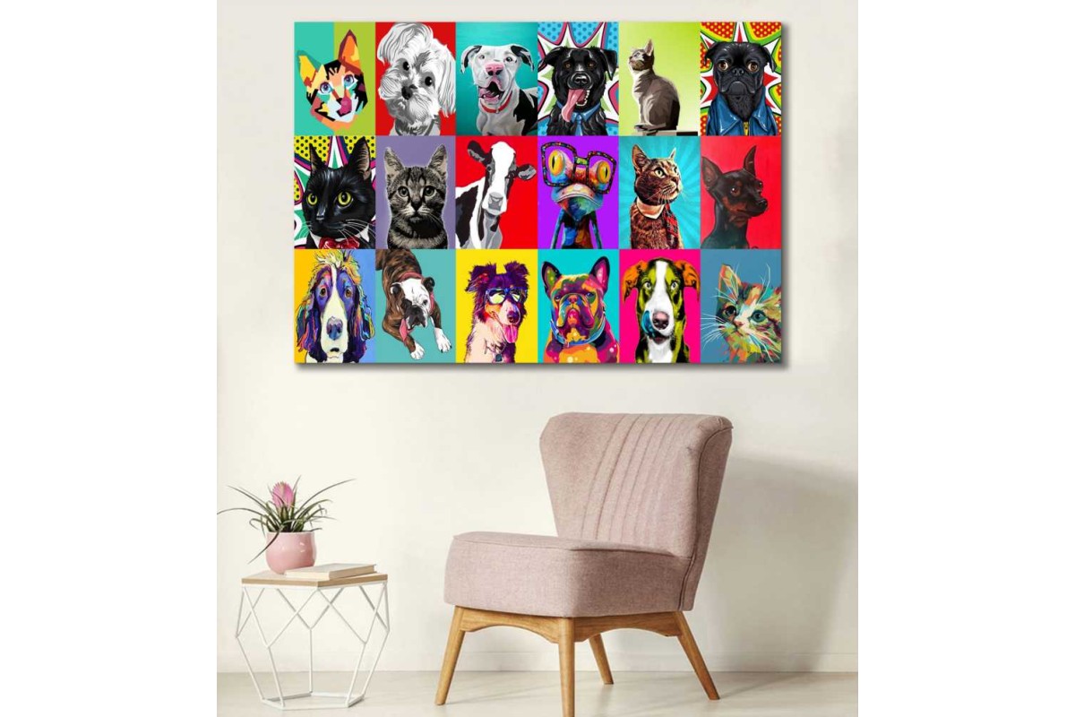 Tptsrvt10 - Pop Art Kedi ve Köpekler Veteriner Kliniği - Pet Shop Özel Tasarım Kanvas Tablo