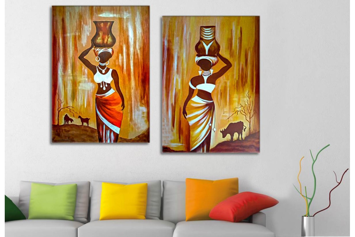 Tptsraf34 - Sepet Taşıyan Afrikalı Kadınlar Dekoratif Kanvas Tablolar 70x100cm (2 adet 50x70cm)