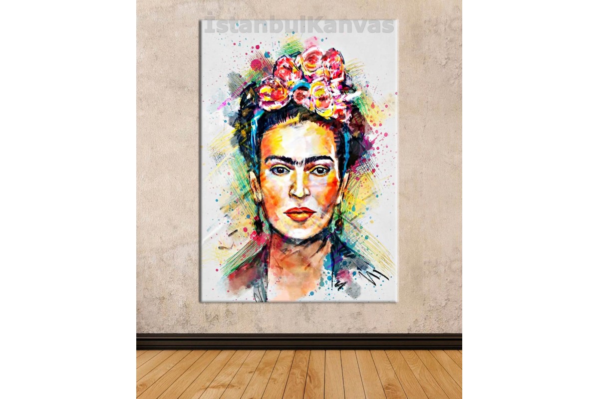 TptSrfk1 - Çiçekli Kadın Ressam Frida Kahlo Dekoratif Soyut Portre Kanvas Tablo