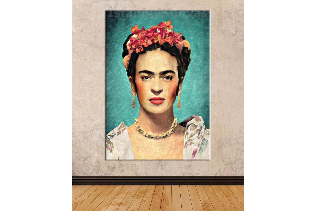 TptSrfk2 - Çiçekli Kadın Ressam Frida Kahlo Dekoratif Yağlı Boya Görünüm Portre Kanvas Tablo