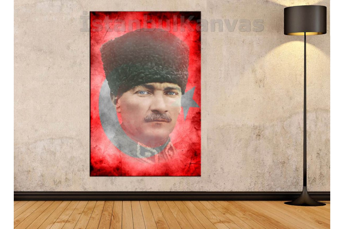 TptSkr1881b - Türk Bayrağı Ve Kalpaklı Mustafa Kemal Atatürk Özel Tasarım Kanvas Tablo