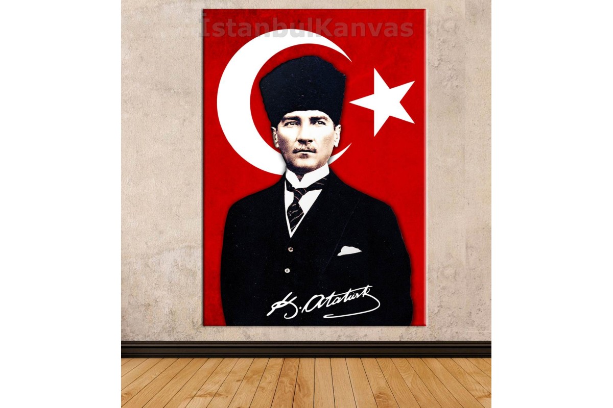 TptSkr1938 - Türk Bayrağı Ve Kalpaklı Mustafa Kemal Atatürk İmzalı Özel Tasarım Kanvas Tablo