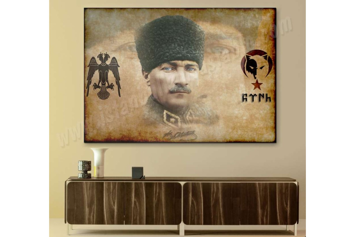 Tptsrkc7 - Mustafa Kemal Atatürk, Çift Başlı Selçuklu Kartalı, Türk Yazısı Türkçü kanvas tablo